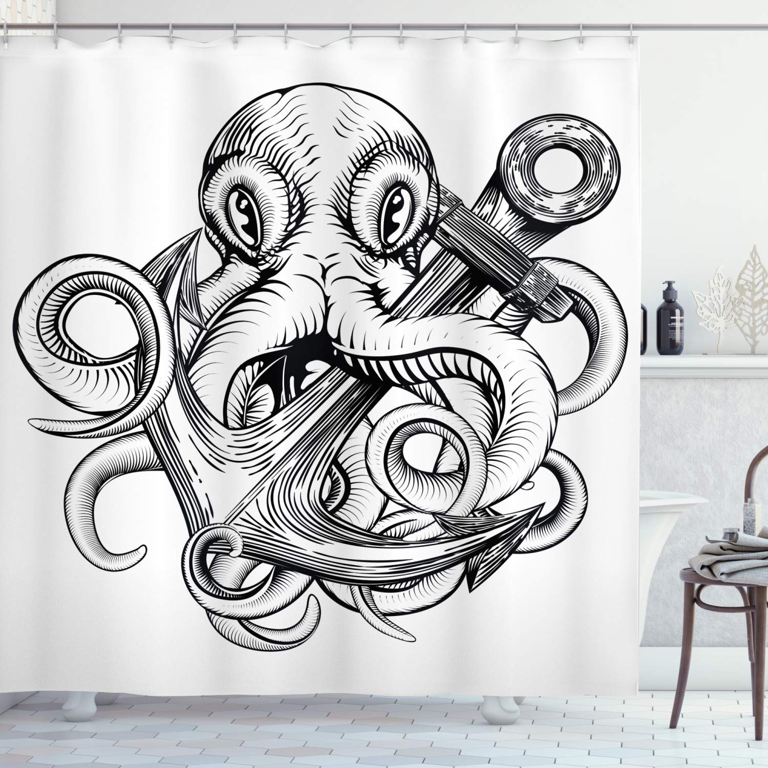 ABAKUHAUS Octopus Shower Curtain, Illustration of an Octopus Holding a Ships Anchor in a Vintage Woodblock Style, Cloth Fabric Bathroom Decor Set with Hooks, 86 Inches Extra Long, Black White