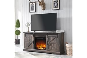 OKD Farmhouse Electric TV Stand for 65+ Inch TV, Rustic Entertainment Center with 18" Fireplace, Sliding Barn Door, Storage Shelves, Wood Media Console Cabinet for Living Room, Dark Rustic Oak