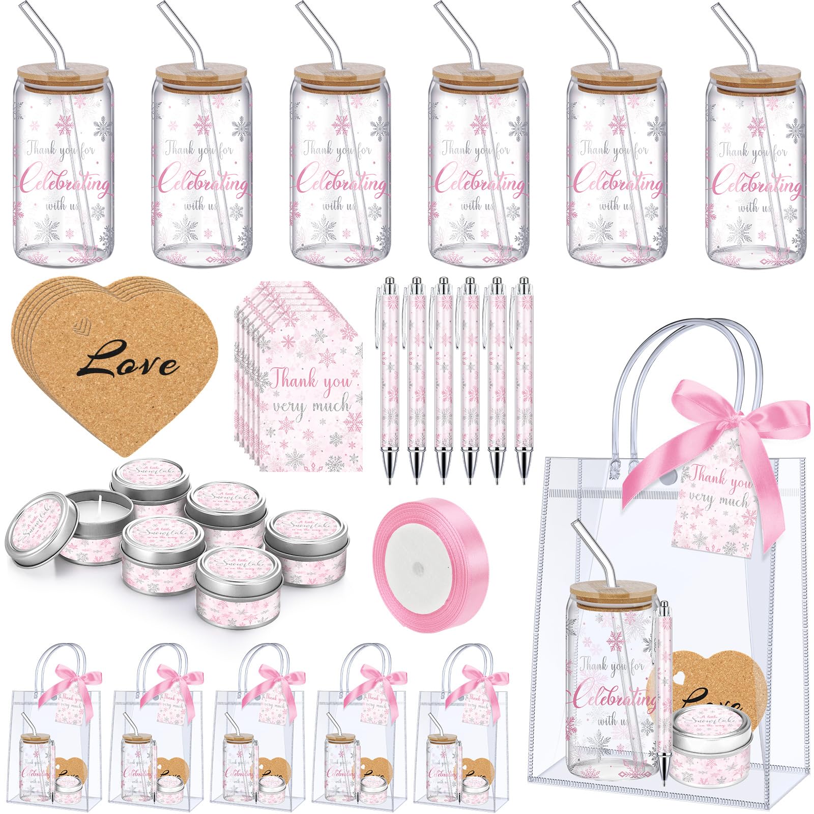 Photo 1 of (AS NEW) MotiMind 6 Sets Winter Snowflake Baby Shower Prizes for Game Players Pink Winners Baby Shower Guest Gifts with Candle Tumbler Coaster Pen Gift Bag Girl Gender Reveal Birthday Christmas Party Favors