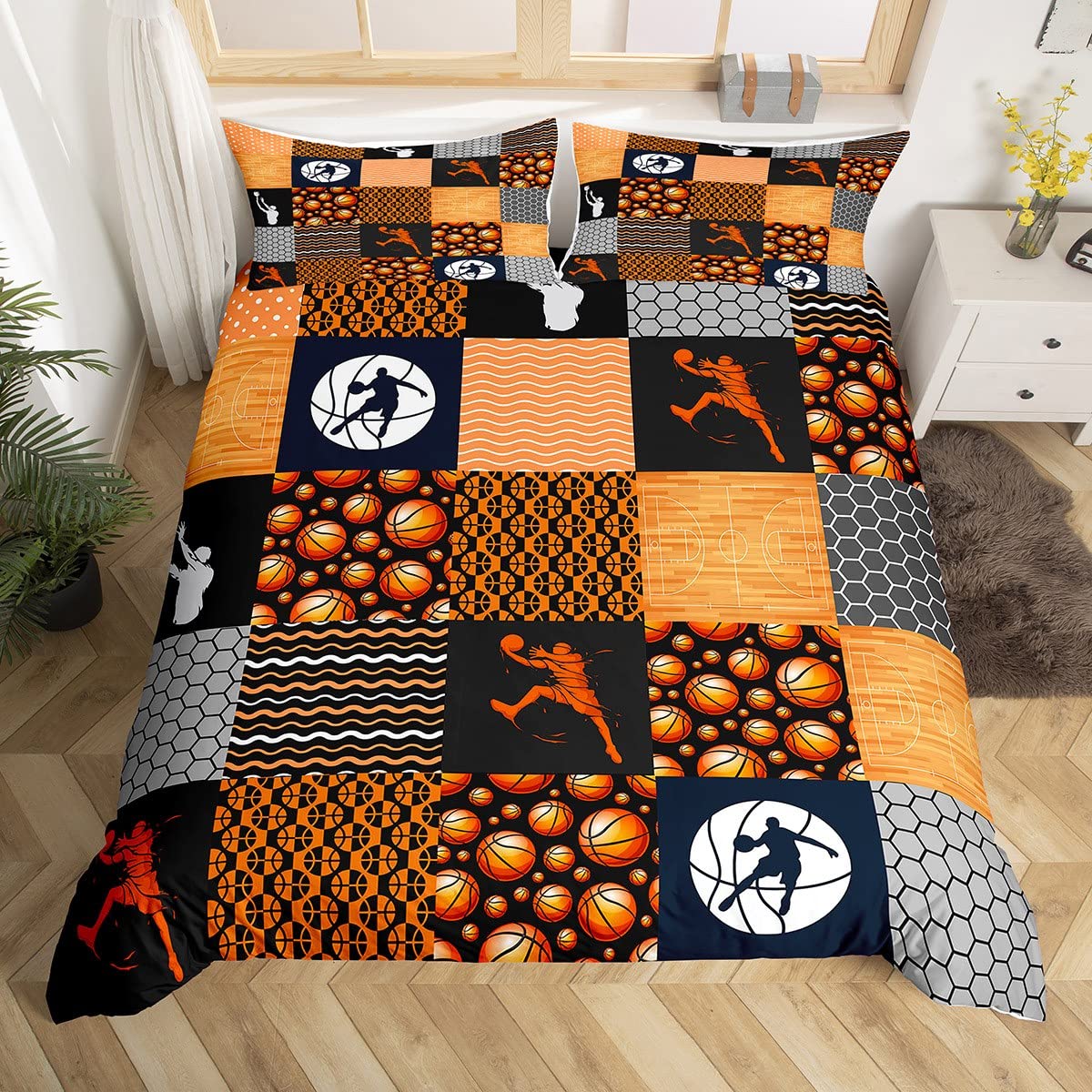 Basketball Bedding Set for Girls Boys Kids 3D Ball Sports Comforter Cover Set Basketball Gamesative Duvet Cover Geometric Quilt Cover Double Size 3Pcs