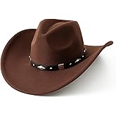 Lanzom Women Men Classic Felt Wide Brim Western Cowboy Cowgirl Hat with Belt Buckle