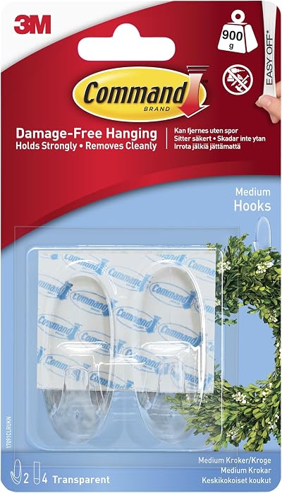 Command Medium Hook Pack of 2 with 4 Strips Transparent Damage Free 900 g