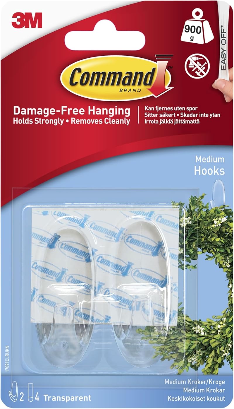 Command Medium Hook Pack of 2 with 4 Strips Transparent Damage Free 900 g