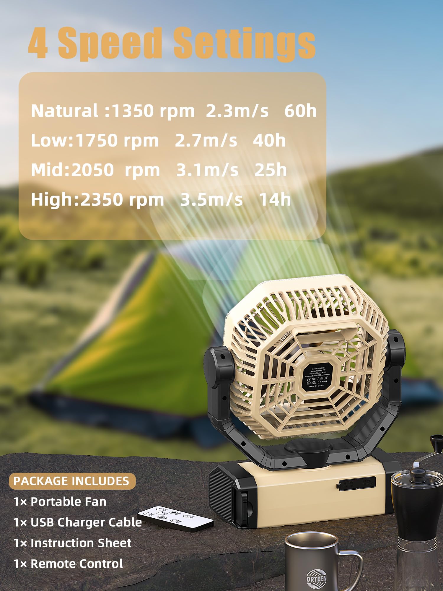 Camping Fan Rechargeable - 9-Inch Battery Powered Fan, 20000mAh(60Hrs) Battery Operated for Camping, Auto Oscillation Cordless, Tent Fan with Remote/Light, 4 Speeds, 4 Timing, Outdoor