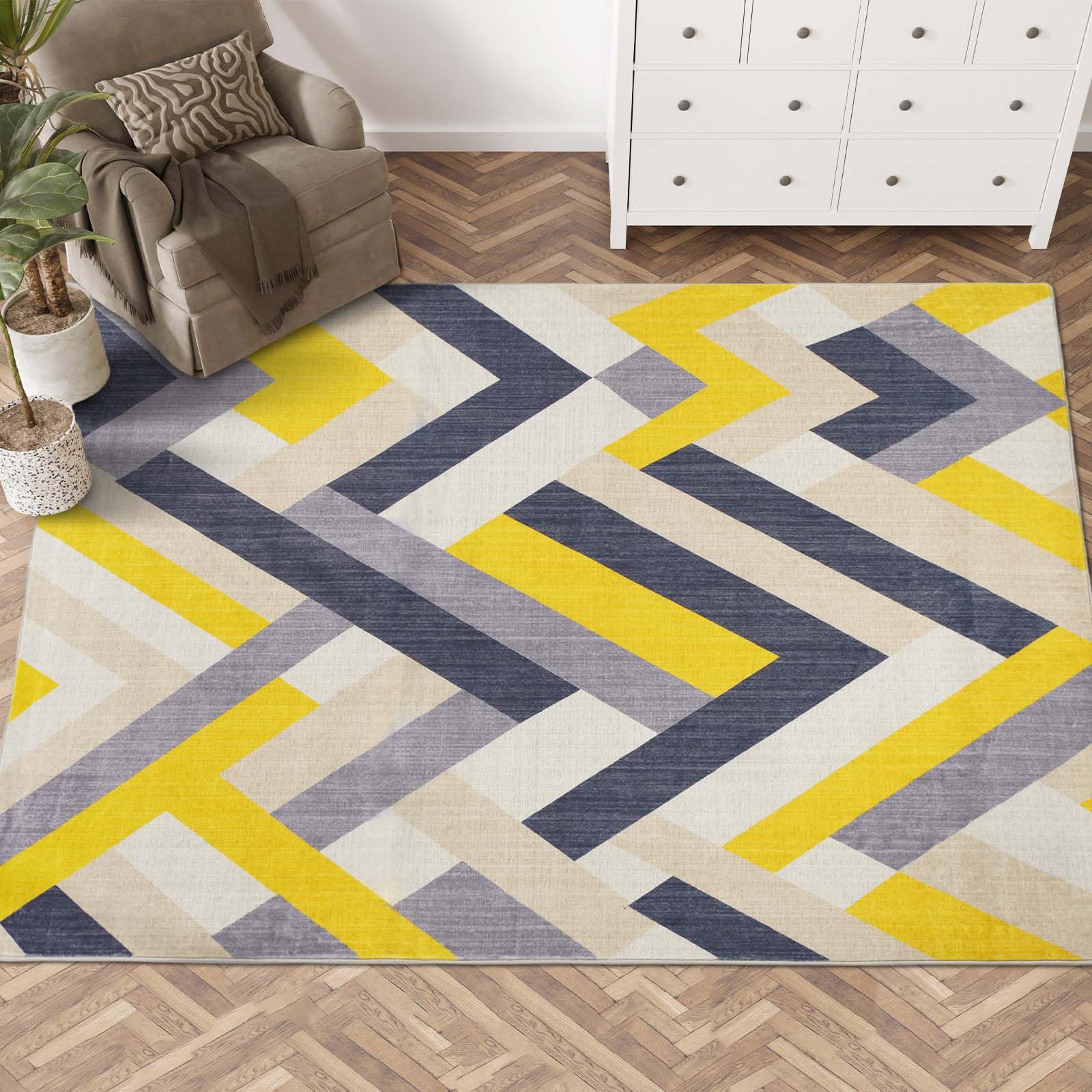 Betadistor Living Room Area Rug - Modern Abstract Geometric Carpet, Non-Slip Short Pile for Bedroom, Hallway - 120 * 160cm, Yellow and Grey, 303-05120