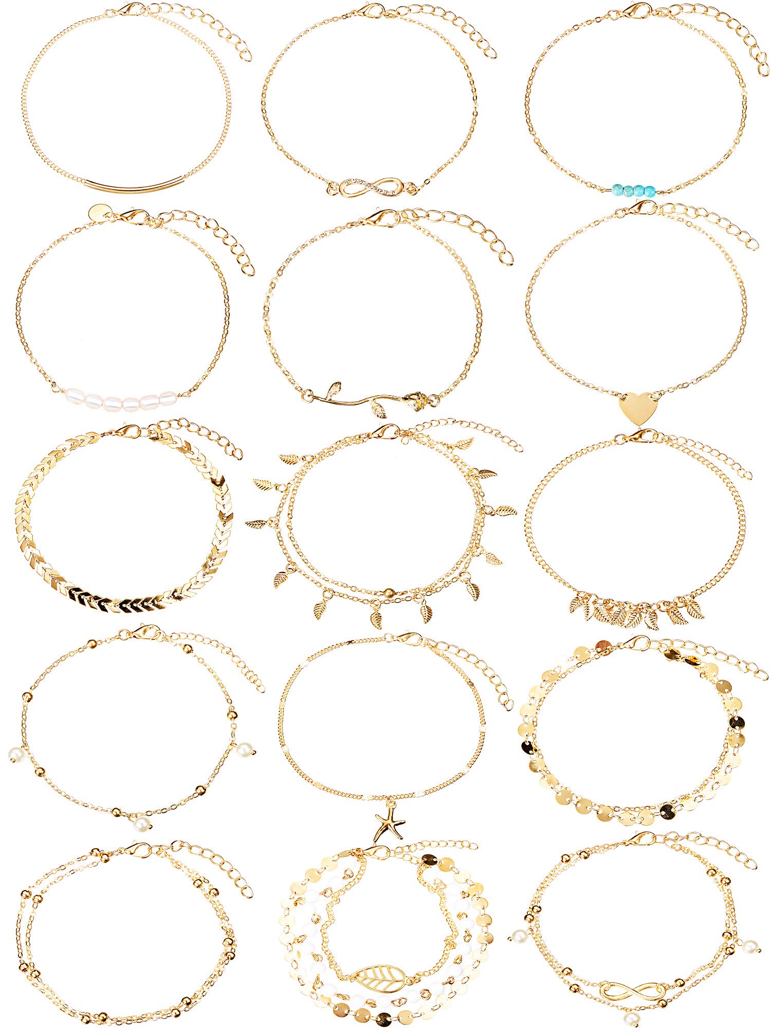 15 Pieces Boho Anklets Chains Bracelets Adjustable Beach Anklet Foot Jewelry Set for Women Girls (Gold)
