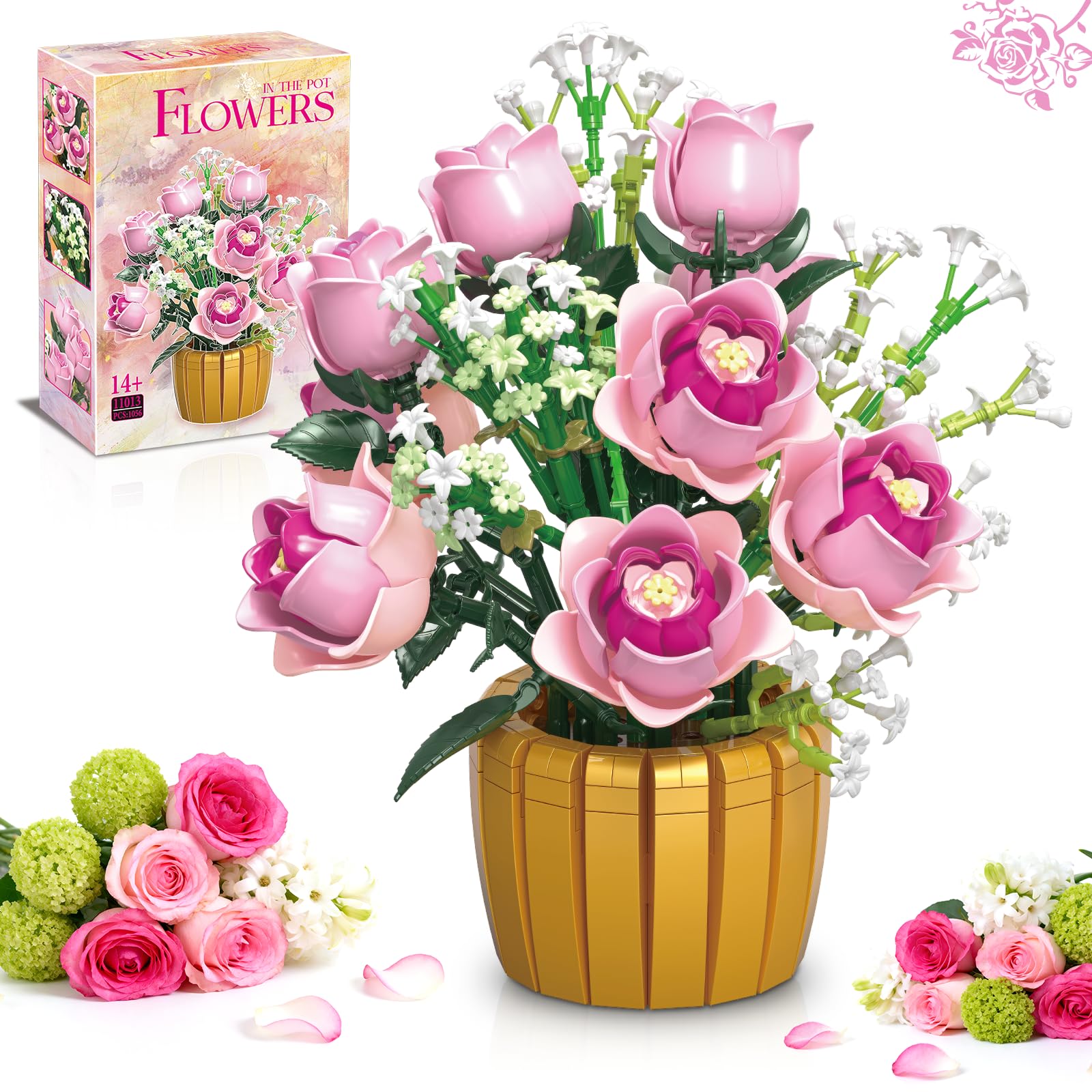 kiothdre Flowers Pink Rose Bouquet Building Set for Adults – 1056PCS Botanical Artificial Flower Blocks Kit with Roses & Baby’s Breath, Home Decor DIY Gift for Women & Girls 14+, Mother’s Day