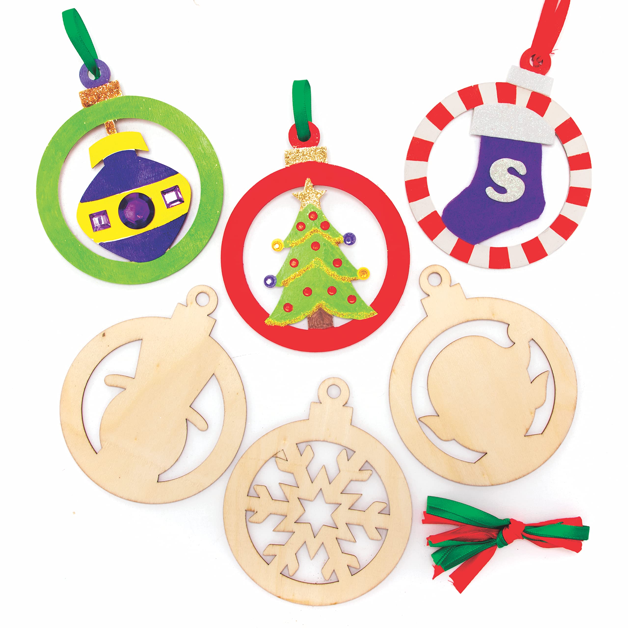 Baker Ross FC190 Christmas Wooden Baubles Decorations - Pack of 10, Make Your Own Christmas Decorations, Wooden Crafts for Kids, Hanging Decorations for Christmas Trees