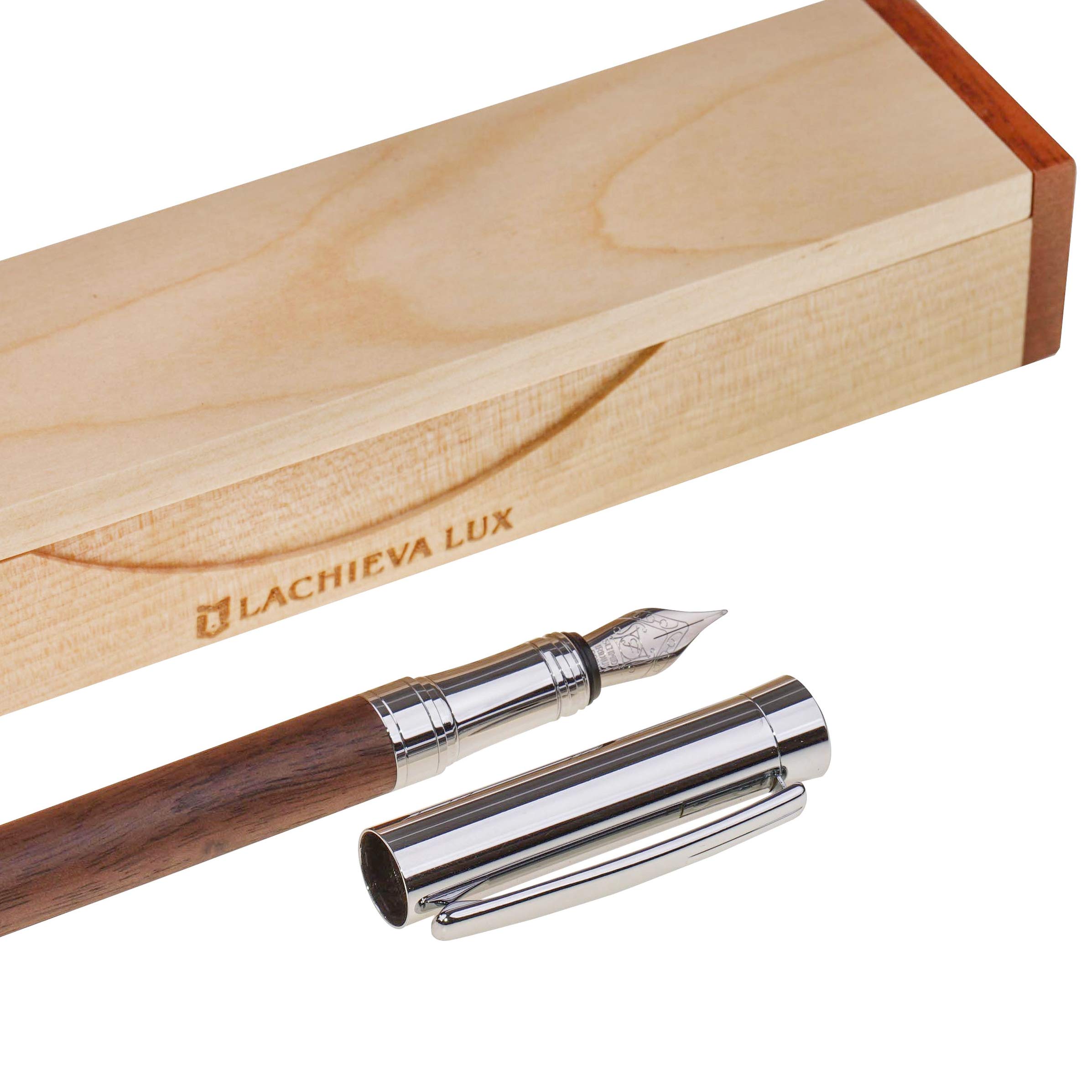 LACHIEVA LUX Walnut Fountain Pen, German Fine Nib, Smooth Ink Flow, Wooden Gift Box with Converter & 2 Cartridges, Fancy Pen for Men and Women