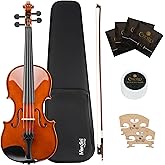 Mendini by Cecilio 15 Inch Solid Wood Viola Set, Natural Varnish | Hand Carved Viola Kit for Beginners, with Hard Case, Bow, Rosin, Viola Bridge, Extra Viola Strings