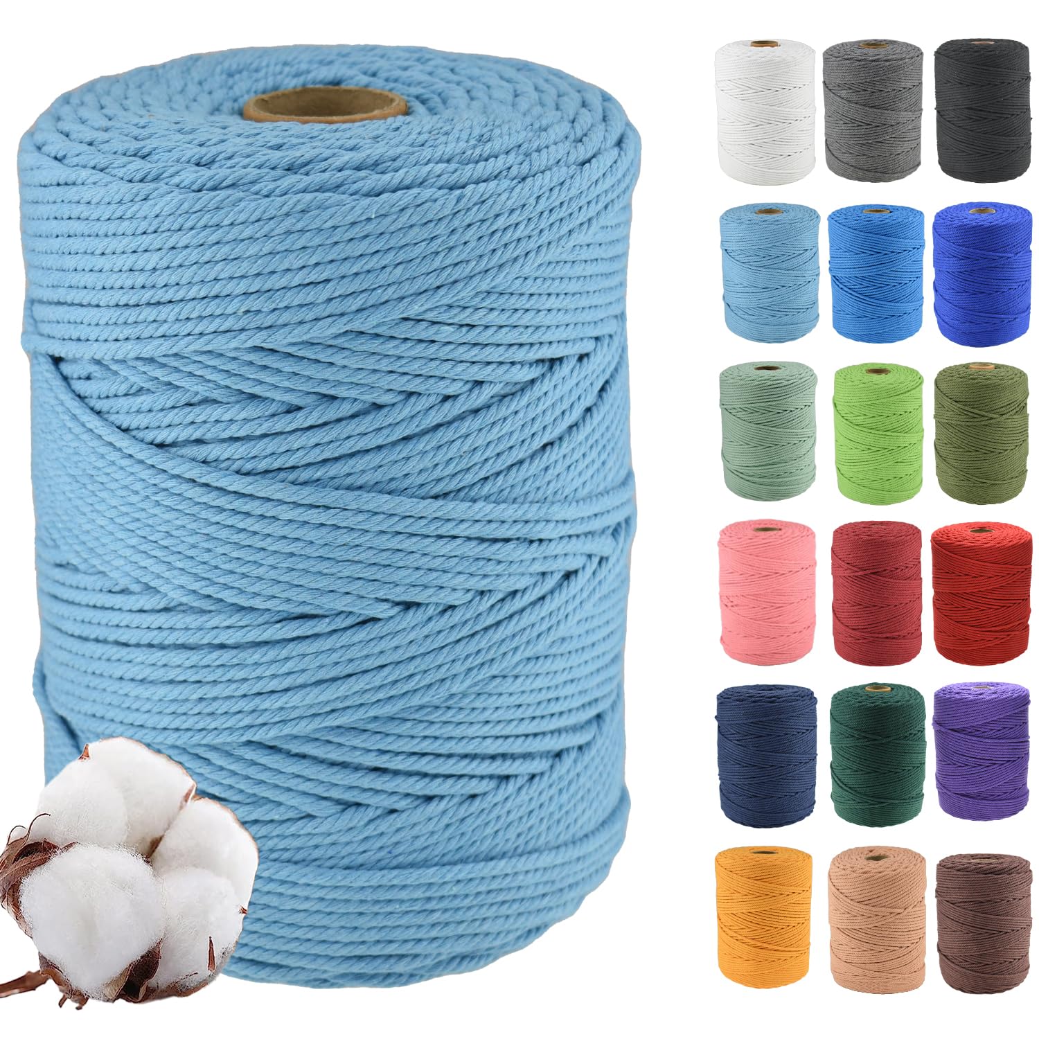 Klhamky 3mm×500m Macrame Cotton Cord, Soft 4 Strand Twisted 100% Natural Cotton for Handmade Wall Hanging, DIY, Craft Making, Knitting, Plant Hangers, Decorative Projects (3mm×500m, Sky Blue) — image 1