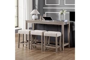 DUHOME 4 Piece Bar Table Set with Power Outlet,Industrial Breakfast Table with 3 Padded Stools Solid Wood Counter Height Dining Table Set for Living Room, Dining Room Cream+Brown