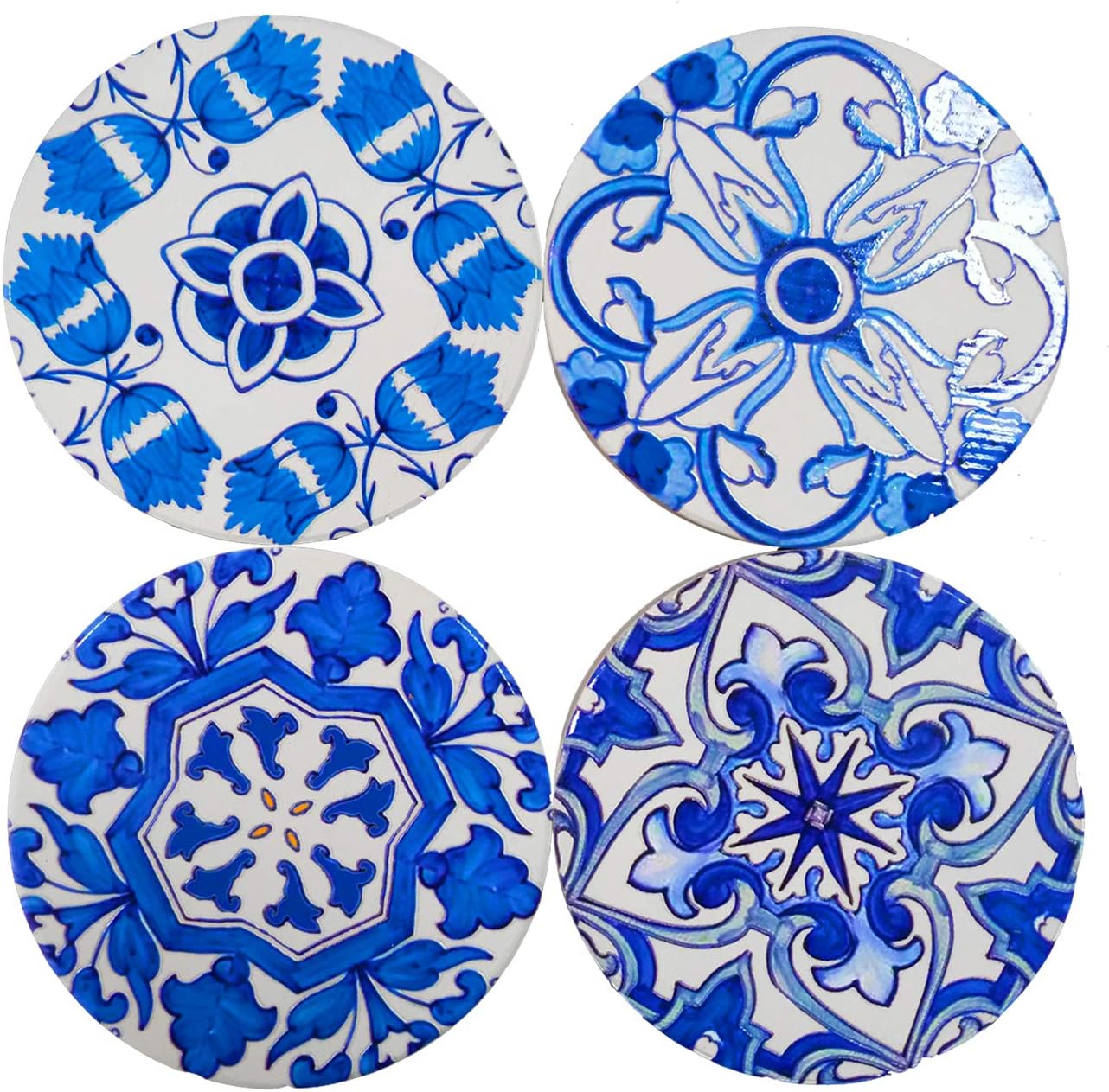 3D Printed Blue Coasters with Glossy Patterns,Absorbent Ceramic Coasters for Drinks,Adorable Stone Coaster Set of 4,Table Additions Cup Holder Coffee Pads with Cork Base Protection.(Blue x 4)
