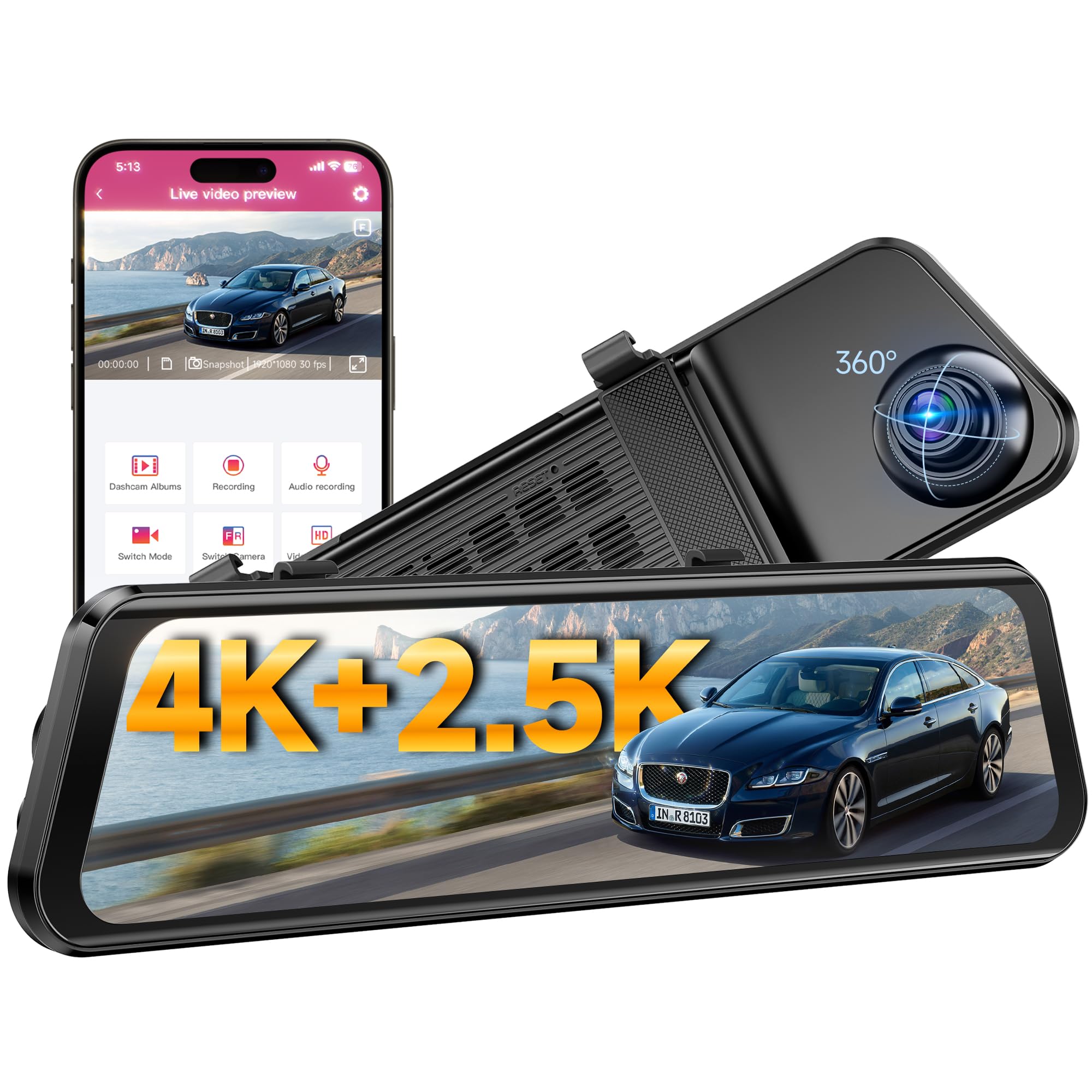 Photo 1 of OMBAR 4K+2.5K Rear View Mirror Camera with ADAS BSD and LCA, 12" Smart Mirror Dash Cam with 5.8GHz WiFi, Rearview Mirror Camera with GPS G-Sensor, Parking Monitor, Loop Recording, 64GB Card Includes