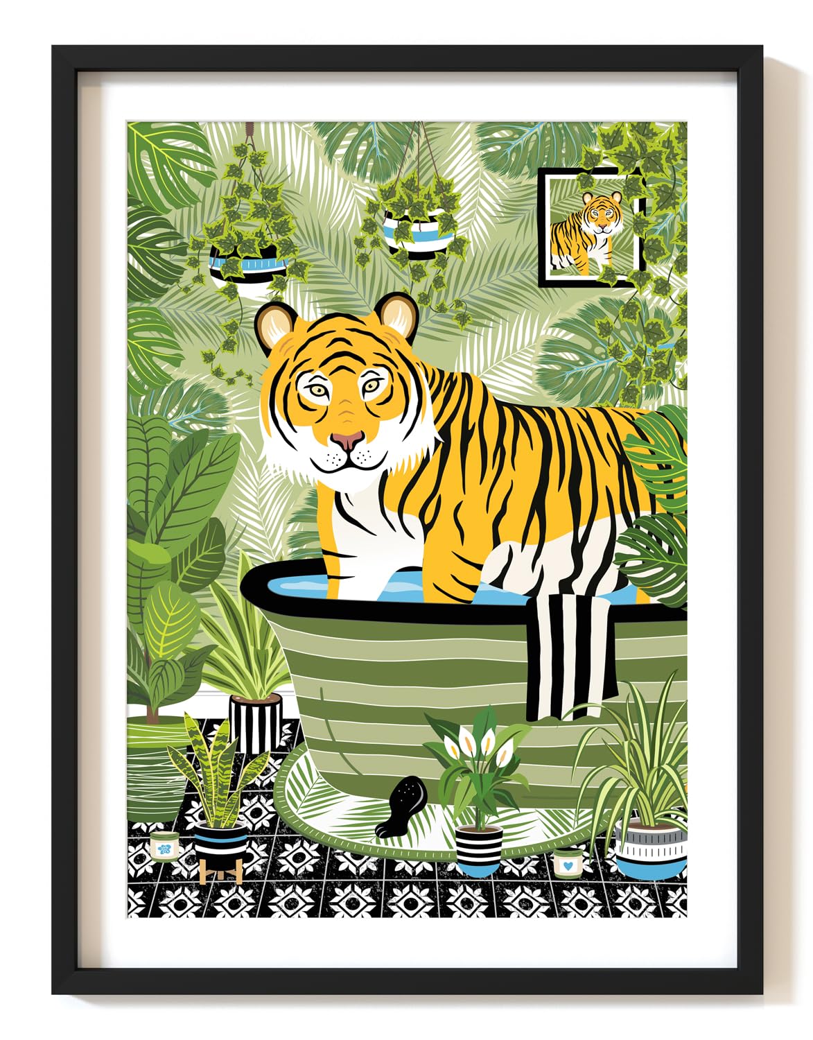Parmaro Tiger Bath Print - A4 UNFRAMED, Animal Toilet Decor, Green Black, Tropical Bathroom Theme
