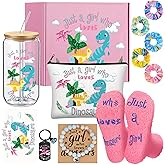 Potchen 12 Pcs Funny Valentine's Dinosaur Girl Gifts for Women Appreciation Valentine Gift Basket Box Include Cup Makeup Bag Keychain Bracelet Hairband Socks Card for Birthday Baby Shower Party