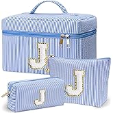 Personalized Monogram Makeup Bag, 3PCS Custom Monogrammed Toiletry Cosmetic Bag for 6-18 Teen Girls Women,Birthday Graduation Gifts Initial Pouch Makeup Bags for Women Girls, Make Up Bag (J, Blue)