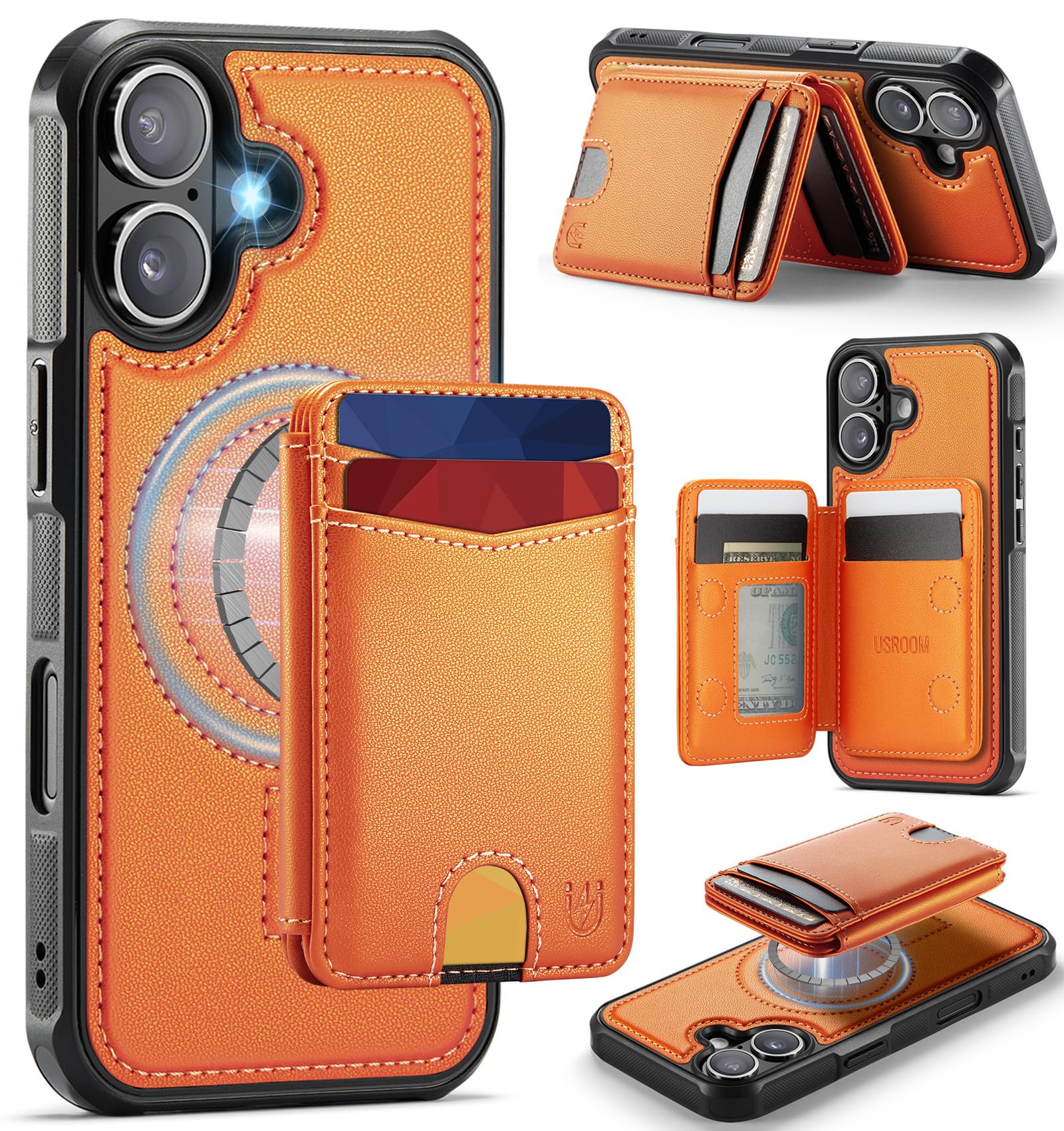 Usroom for iPhone 17 Wallet Case Compatible with Magsafe, Magnetic RFID Blocking Card Holder Kickstand 2 in 1 Detachable Case for iPhone 17 6.3", Orange