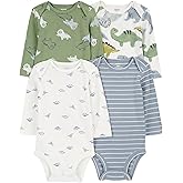Carter's Baby Boys 4-Pack Long-Sleeve Bodysuits, baby dino/multi, nb