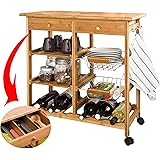 Exklusiver Küchenwagen aus Bambus - mit Weinregal, Obstkorb und