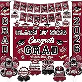 Graduation Decorations Class of 2026 Maroon Graduation Party Decor Set include Congrats Grad Banner Backdrop Class of 2026 Balloons Party Supplies