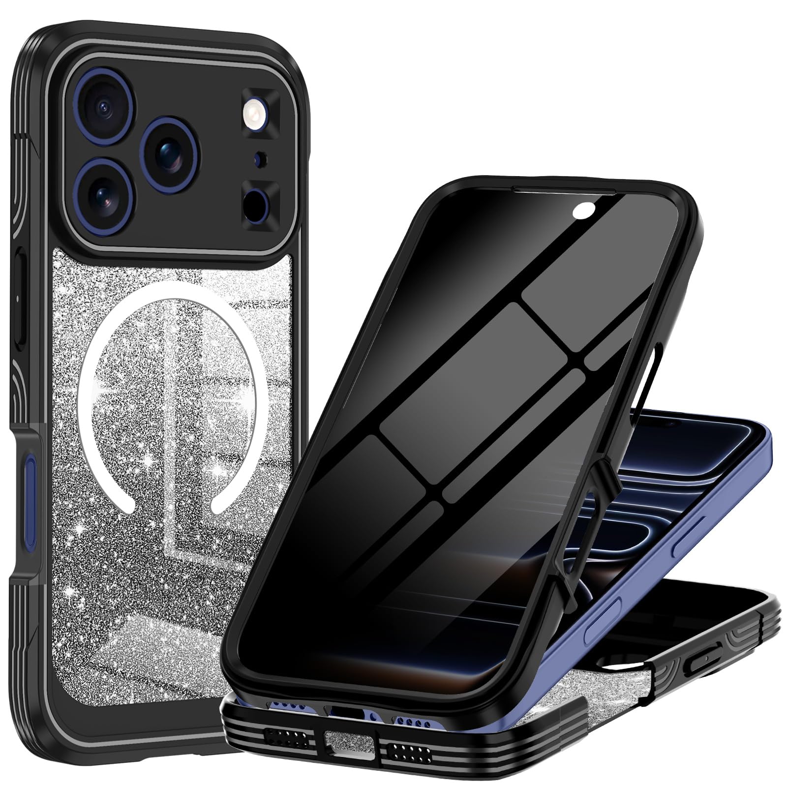 Casetego for iPhone 17 Pro Max Case Magnetic,Compatible with MagSafe,Built-in Privacy Screen Protector,Slim Glitter Sparkle Full Shockproof Protective Girls Case for Apple iPhone 17 Pro Max,DullBlack