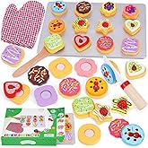 Slice and Bake Wooden Cookie Play Food Set for Kids Kitchen - Toy Food Accessories - Kids Pretend Cookies and Baking Sheet, T