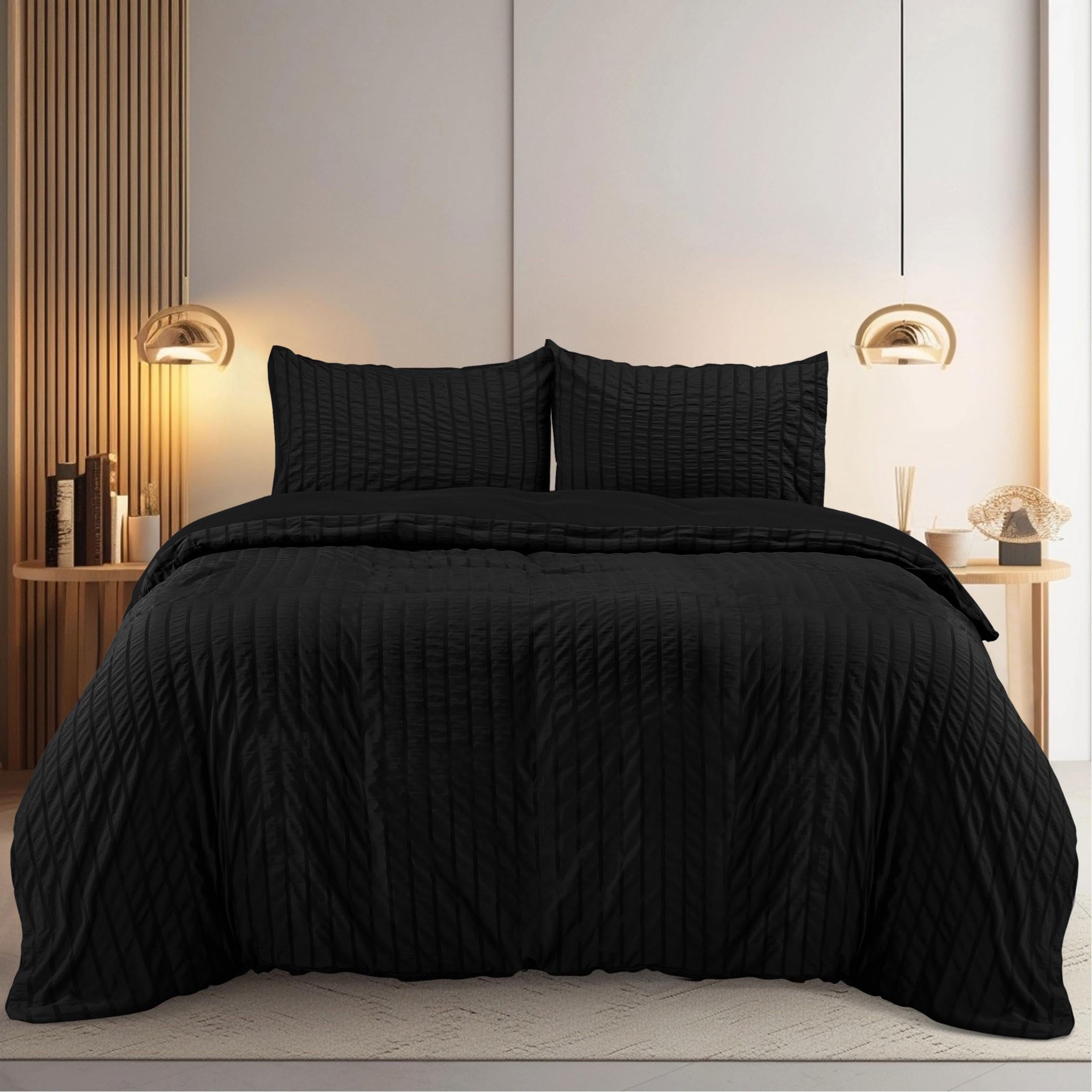 Utopia Bedding Seersucker Duvet Cover Set - Duvet Cover Double with Pillowcases - Soft Microfibre Polyester Seersucker Bedding (Black) — image 1