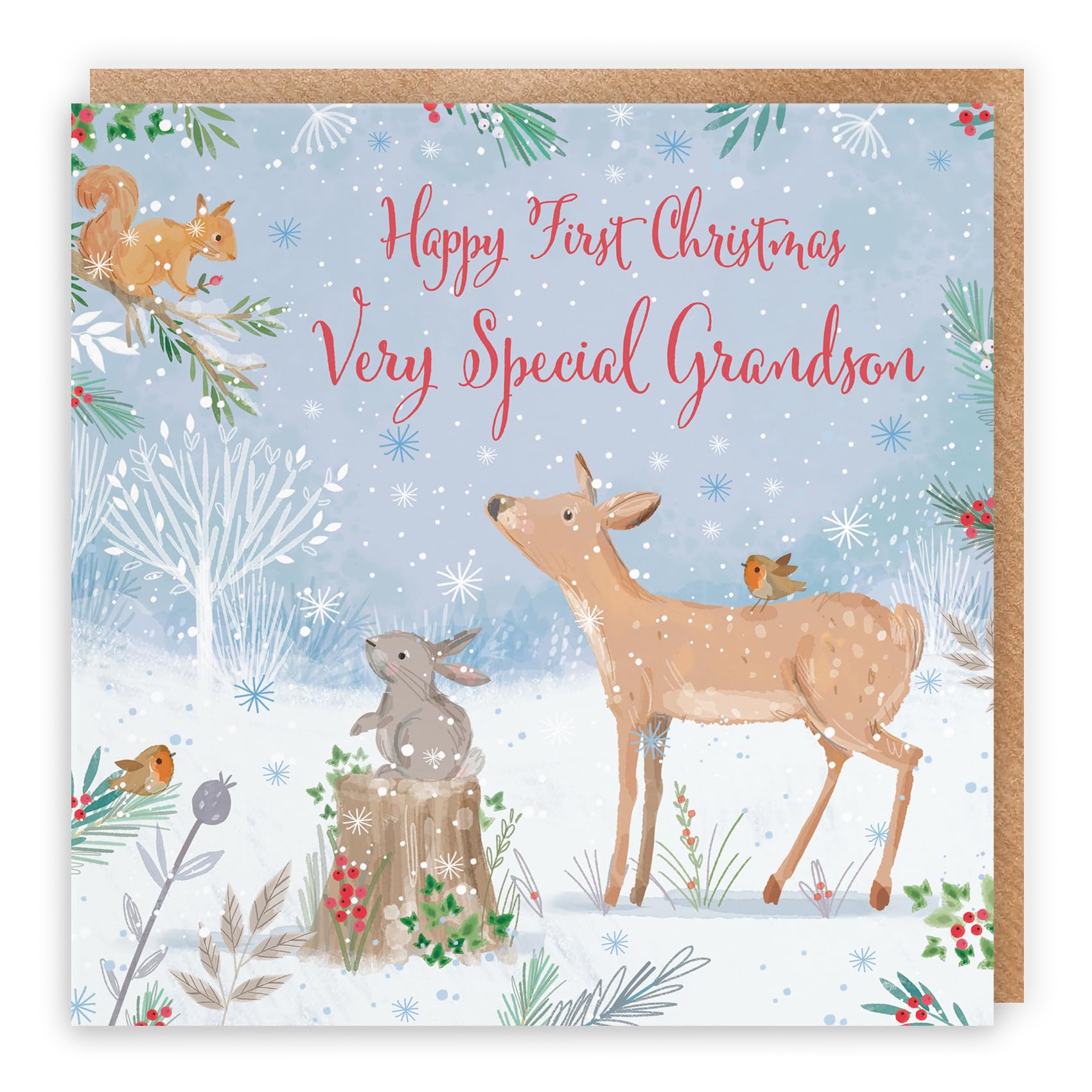 Hunts England - Cute Deer Grandson's 1st Christmas Card - Nature's Treasures - Baby Grandson First Christmas - Happy Animal Wildlife Fun Merry Xmas Card - From Grandad, Grandma, Grandparents