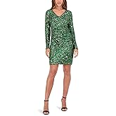 Siena Womens Long Sleeve V-Neck Striped Sequin Knit Mini Dress