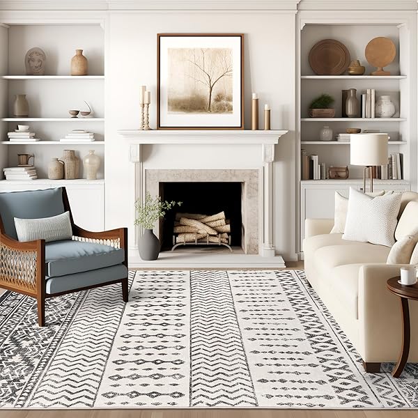 ART&TUFT 9X12 AREA RUG, SUPER SOFT ULTRA-THIN MOROCCAN WASHABLE RUG, ANTI-SLIP BACKING AREA RUGS 9X12 LIVING ROOM, FOLDABLE GEOMETRIC MACHINE WASHABLE AREA RUG(9’X12′, BLACK)