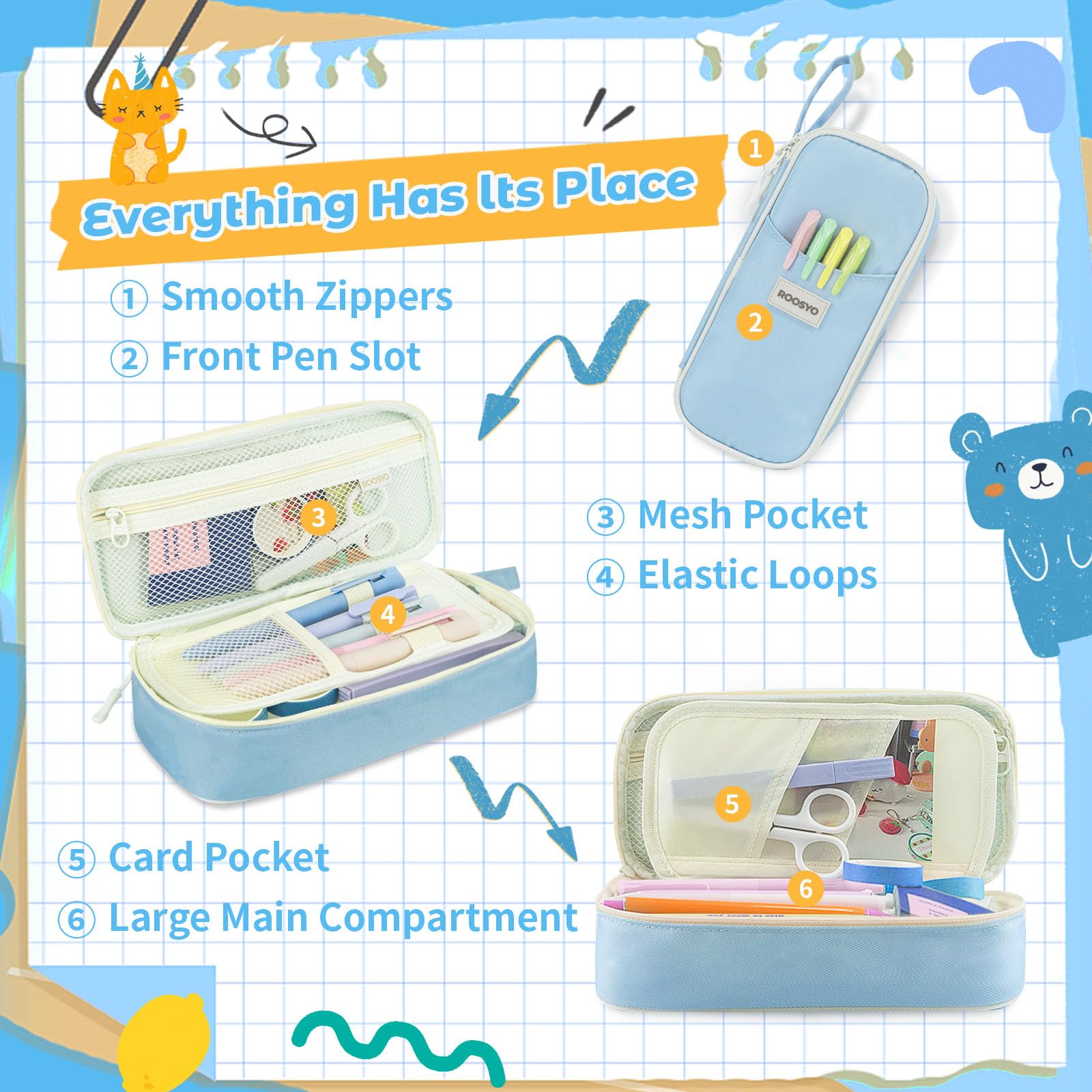 Aesthetic Pencil Case Pouch with Zipper – Large Capacity Organizer Bag for School Supplies, Pens, Pencils, Markers – Cute Small Storage Box for Kids, Girls, Teens & College, Blue