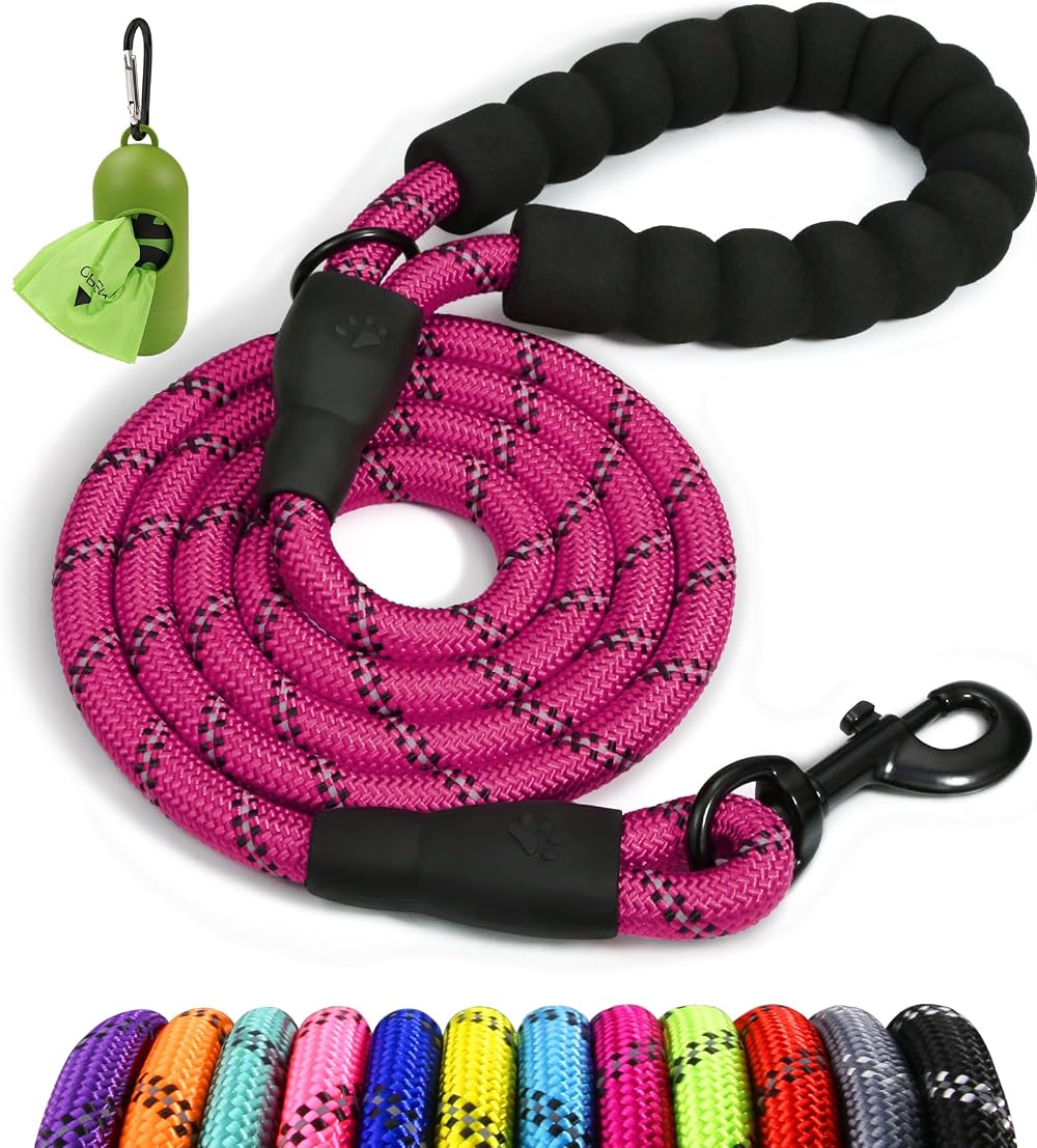 Taglory Rope Dog Lead 1.0 cm 1.5 m Reflective Padded Handle Hotpink Small Dogs