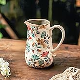 Vintage Colorful Flower Ceramic Vase with Handle, Retro Ice Glazed Crack Farmhouse Pitcher Vase for Home Decor, Living Room, Shelf, Office, Rustic Table Centerpiece 7 Inch