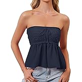 TERIVEEK Women Floral Print Strapless Crochet Babydoll Top Y2K Cute Sleeveless Bandeau Tube Flowy Going Out Peplum Tops
