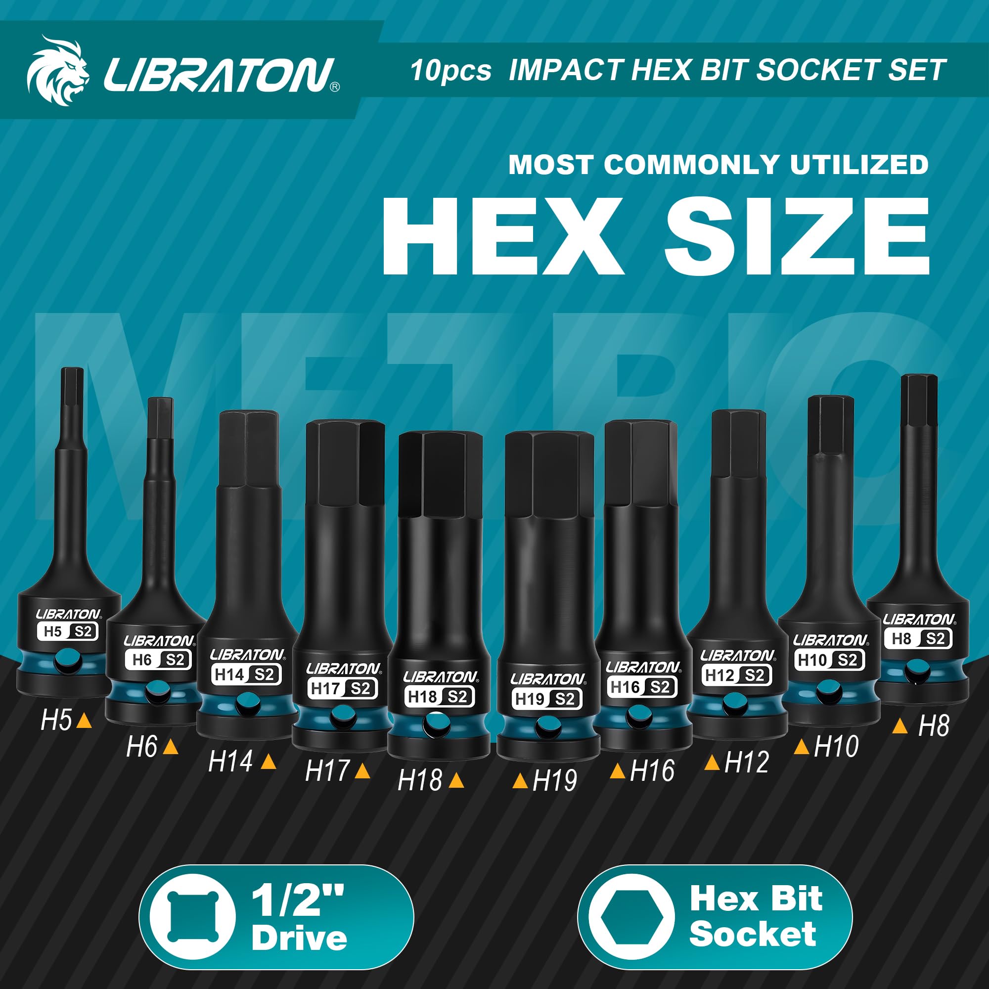 LIBRATON Schlag Hex Bit Steckschlüssel Set, 1/2” Kraft, S2-Stahl, 10-tlg Schlag-Sechskant-Bit-Steckschlüsselsatz H5-H19, Hex-Steckschlüssel, XPE-Aufbewahrung, Autoreparatur 5