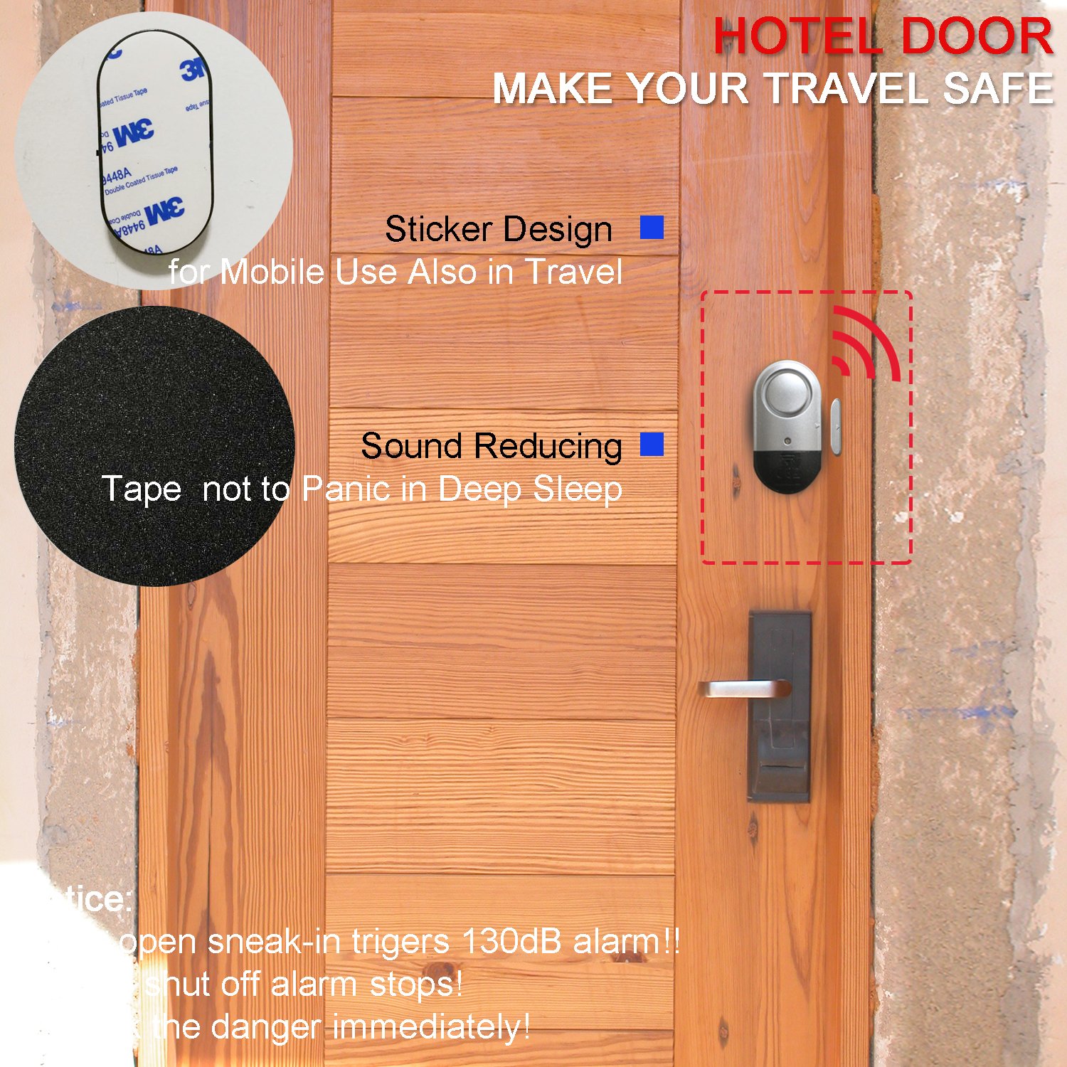 SYCOTEK Door Alarm Travel Hotel Safety Home Security Alarm, Vibration Sensor and Volume Adjustable, Stop Burglar Thief and Door Intruder to Keep Your Personal Safety in Trip or at Home, Portable Small Size, Black Silver