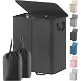 Lifewit Double Laundry Hamper with Lid, Removable Laundry Bags, Black | Large Collapsible Laundry Baskets, 2 section Dirty Clothes Basket with Handles for Bedroom, Laundry Room, Closet, Dorm, 136L