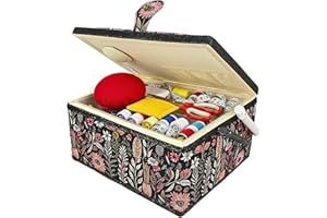 COMFECTO Wooden Sewing Basket with Removable Tray Built-In Pin Cushion, Large Sewing Box for Sewing Supplies for Beginners Experts, Vintage Black