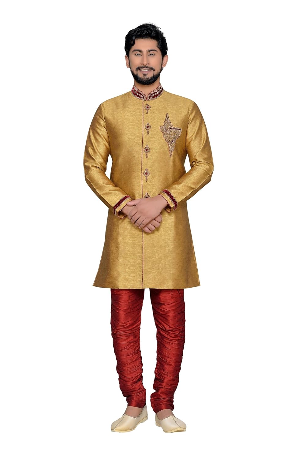 atool golden men's indo-western sherwani nawabi with churidar bottom