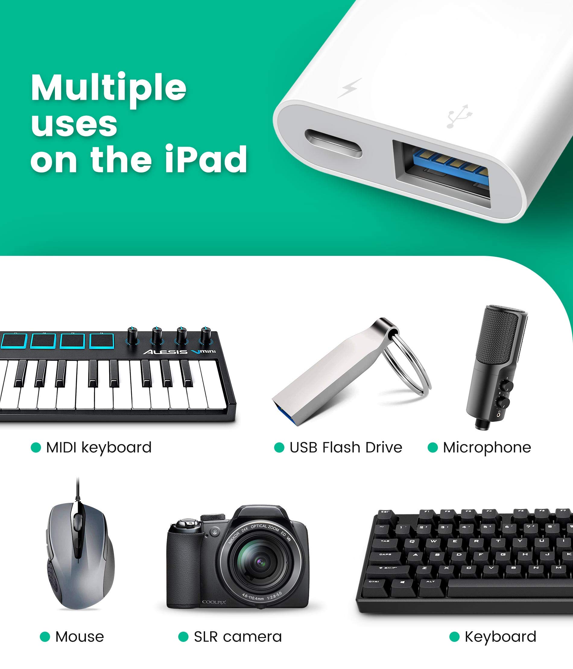 USB Adapter for iPhone/iPad, L?ghtn?ng to USB Female OTG Adpater,USB3 to iPad Adapter with Charging Port,Supports FlashDrives,MIDI,SD Card Reader and Mouse,Plug&Play