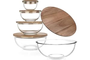 Dokaworld Stackable Space-Saving Set of 5 Nesting Glass Bowls with Acacia Lids for Foodprep, Storage, Mixing & Cooking - Micr