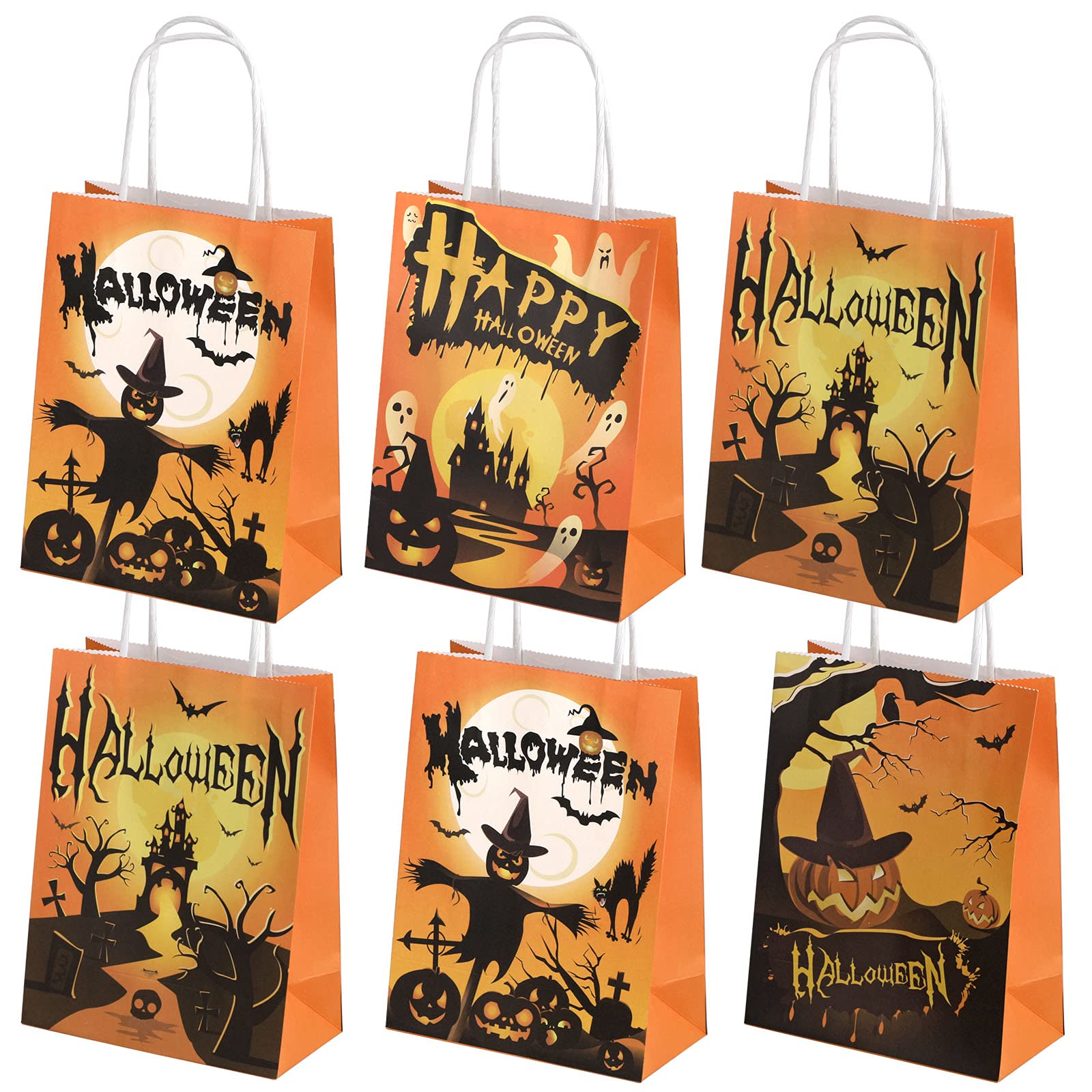 Halloween Paper Gift Candy Bags, 12 Pieces Halloween Trick or Treat Bags with Handle,4 Designs Orange Series Reusable Kraft Paper Treat Goody Bags for Pumpkin Decorations, Halloween Birthday Party