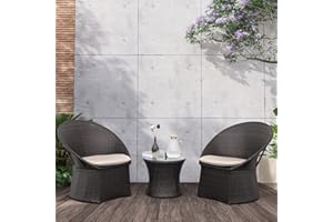 Lviden 3 Pieces Patio Furniture Set, Outdoor Wicker Bistro Set, Brown Rattan Conversation Chairs Set for Porch, with Khaki Cushions and Glass Top Table