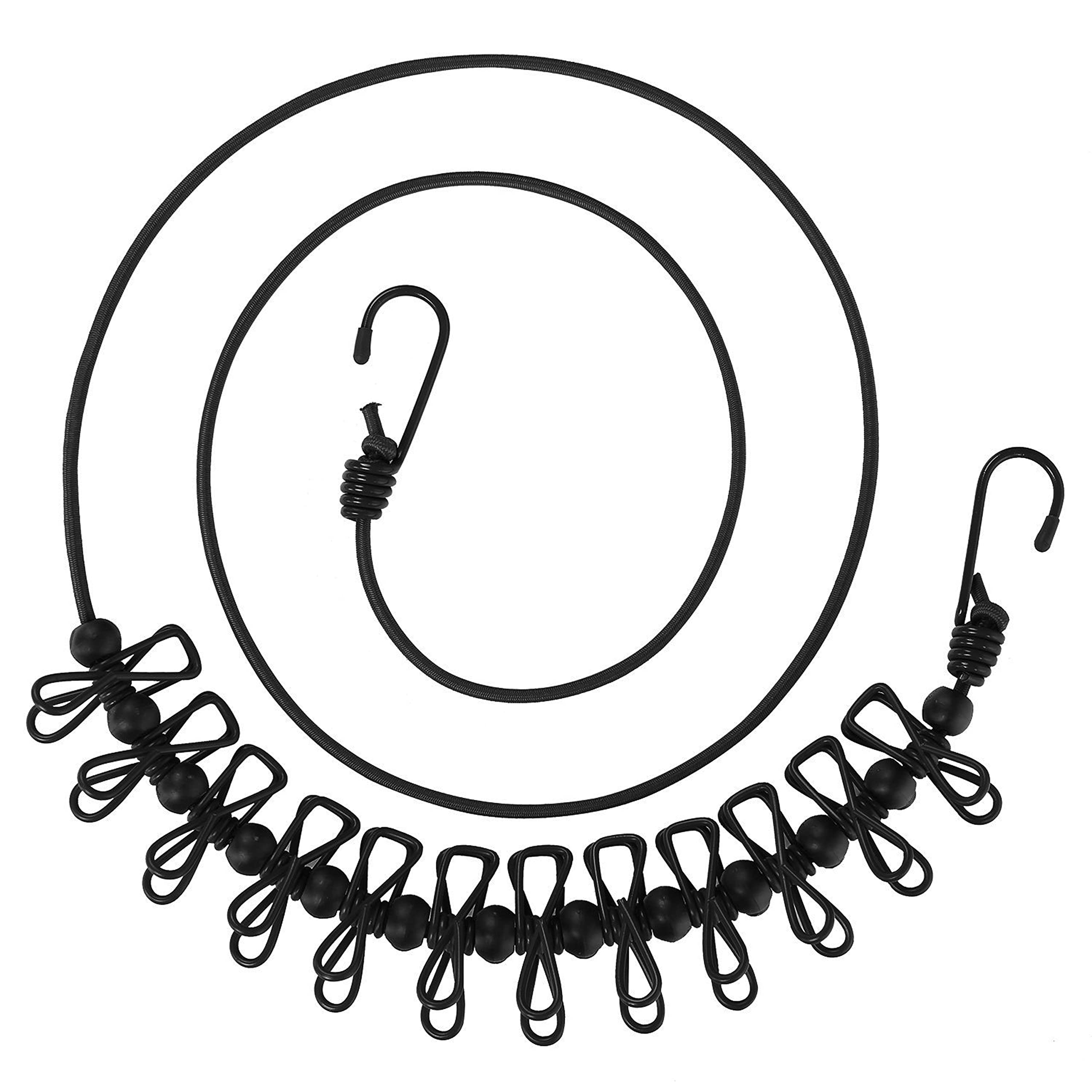 Meiyea 1 Pack Portable Travel Clothesline - Retractable Washing Line with 12 Wire Clips and Non-Slip Buckle, Adjustable Windproof Rope for Camping, Laundry Drying - Black