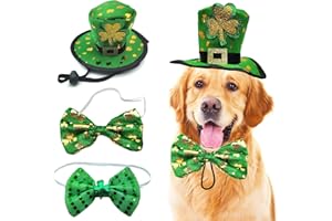 MIDUFRRY 3PCS St Patrick's Day Pet Costume, St. Patty's Day Dog Top Hat Green Shamrock Bow Tie Doggie Collar Set for Large Dogs Puppy Outfit Cats Kitty Funny Irish Dog Clothe Accessories