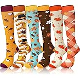 HooLing 6 Pairs Christmas Holiday Compression Socks Gifts for Women Turkey Socks Men with Pumpkin, Maple Leaf
