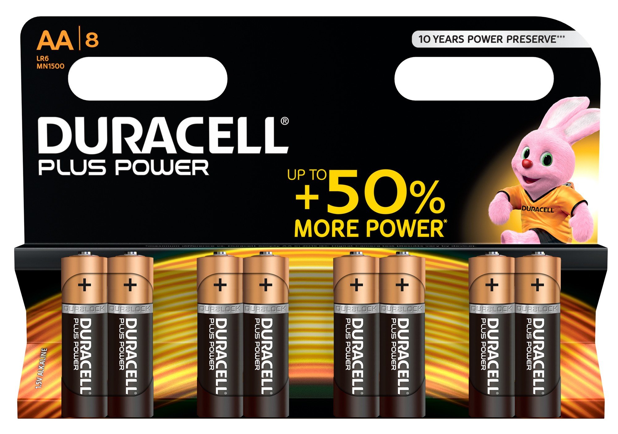 Duracell Plus Power Alkaline 1.5 V Batteries – Alkaline, Cylindrical, AA, Black, Gold, Blister)