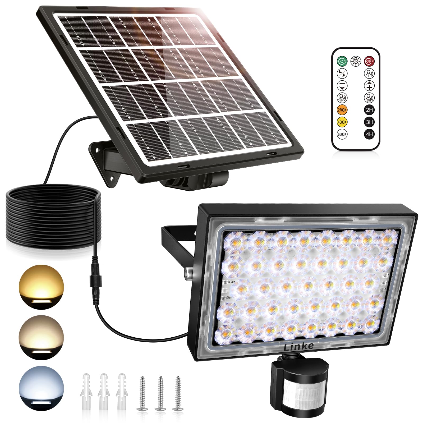 Linke 30W Solar Flood Lights Outdoor Motion Sensor, 2700K/4000K/6500K Solar Spot Lights with Remote Control, IP66 Waterproof Outside Lights Solar Powered Floodlights for Yard Garage Garden