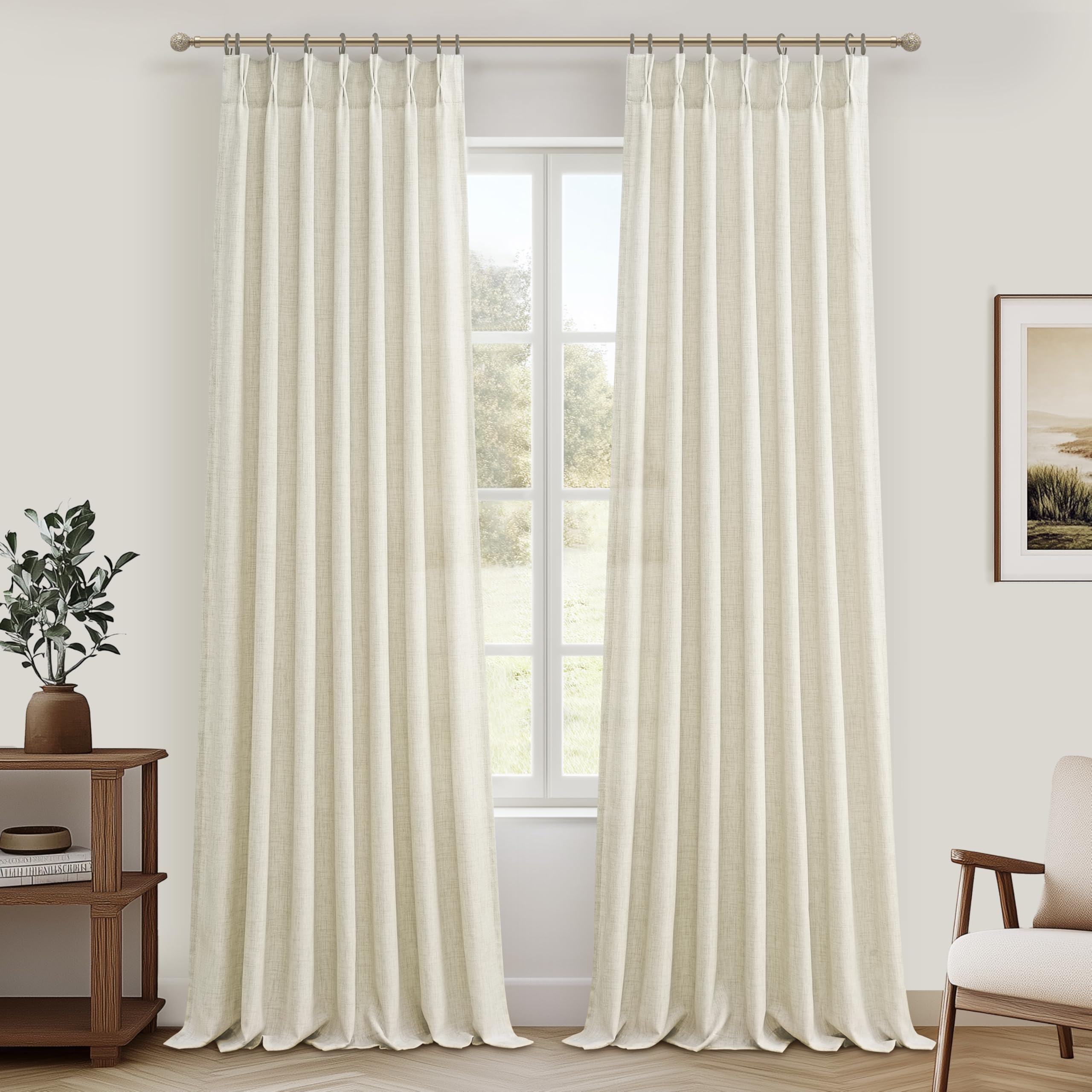 Photo 1 of Cream Beige Memory Trained Pinch Pleated Curtains 96 Inches Long for Bedroom, Light Filtering Linen Blend Sheer Dining Room Boho Curtains 2 Panels Set with Hooks Rings Privacy Window Drapes 40x96 Inch
